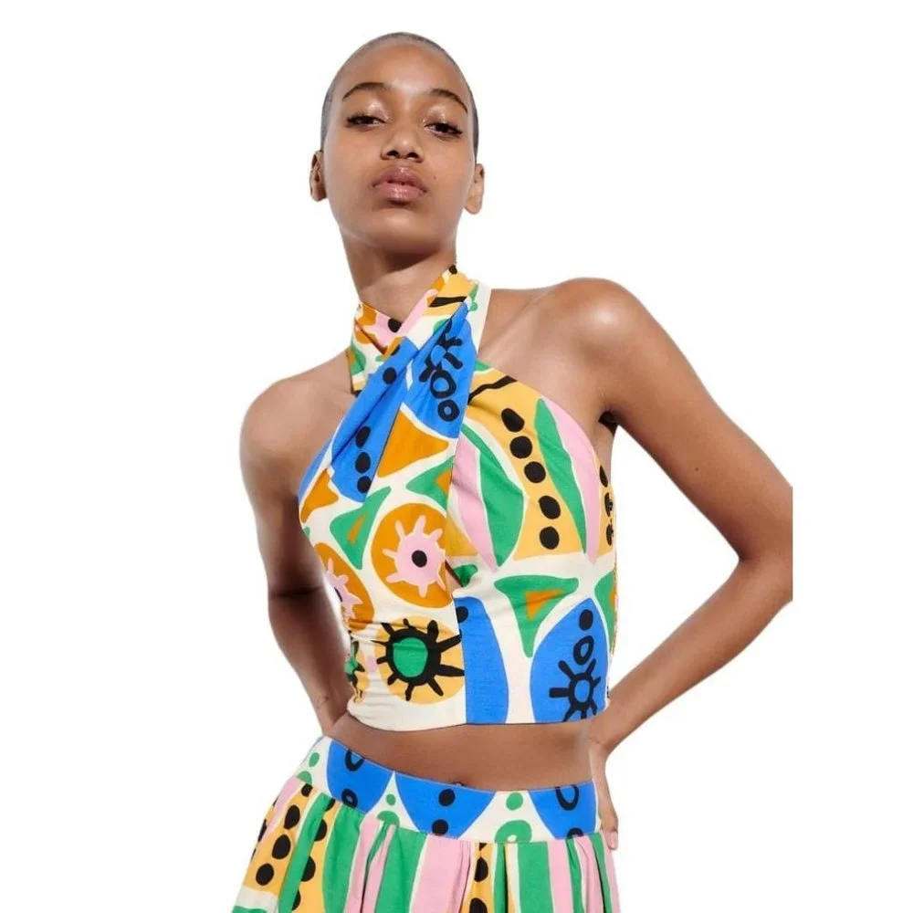 ZARA PRINTED HALTER TOP MULTICOLORED SIZE M | 7703/025